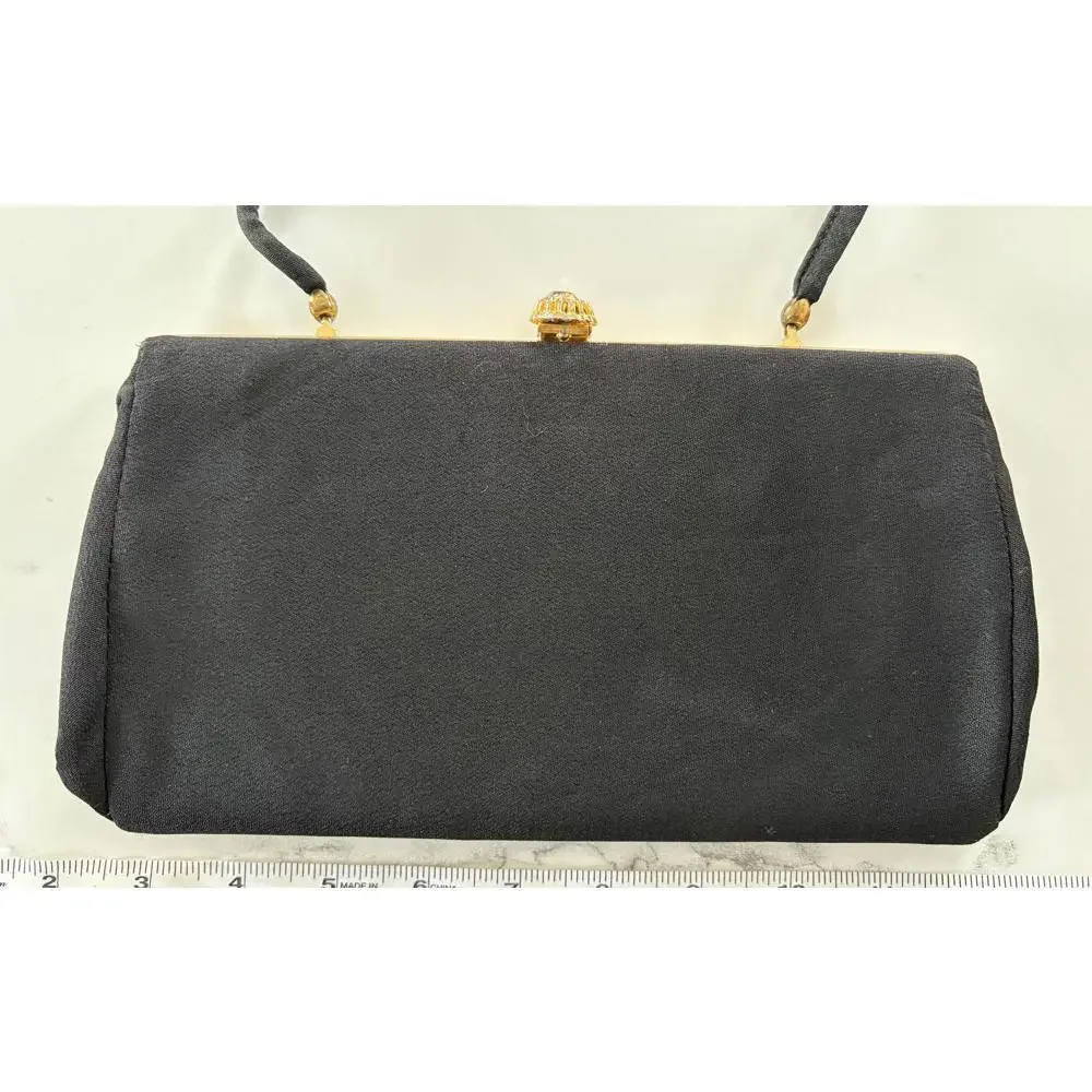 Vintage Evening Bag Clutch Gold Rhinestone Black Satin